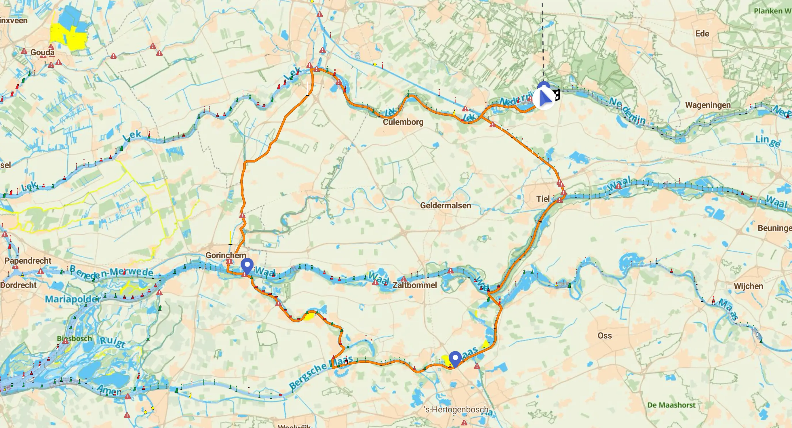 Vaarroute over de Nederrijn naar Culemborg Zaltbommel de Maas naar den Bosch en via het Pannerdens Kanaal weer terug naar Maurik v2